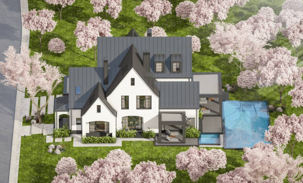 istock 3d rendering of new concrete house in modern style in spring day 2005003078