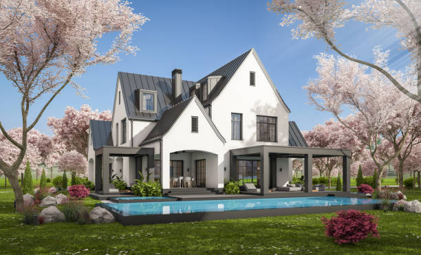 istock 3d rendering of new concrete house in modern style in spring day 2005003233