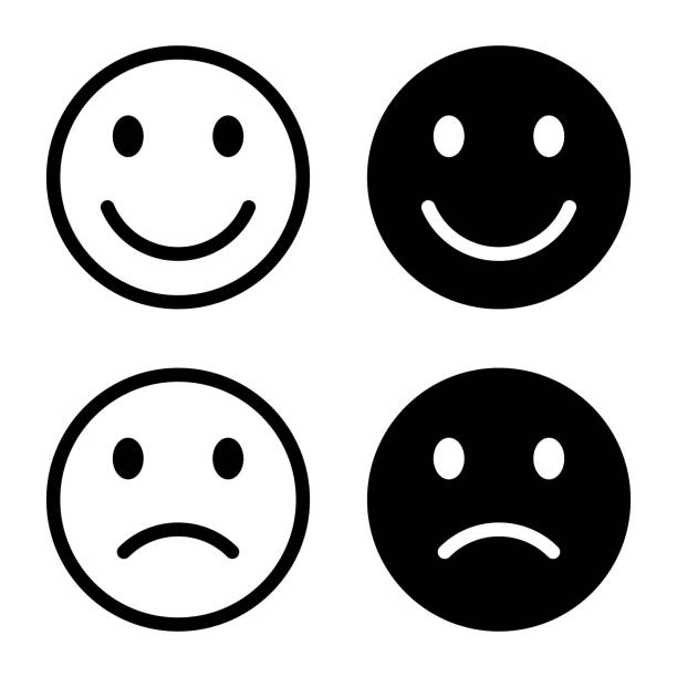 ilustraciones, imágenes clip art, dibujos animados e iconos de stock de vector de icono de emoticono de cara feliz y triste. símbolo de signo emoji de sonrisa e infelicidad - cara sonriente antropomórfica