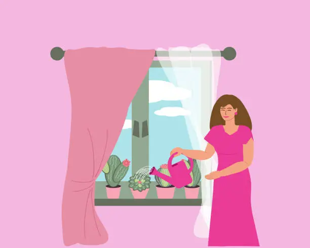 Vector illustration of A woman waters succulent flowers on the window