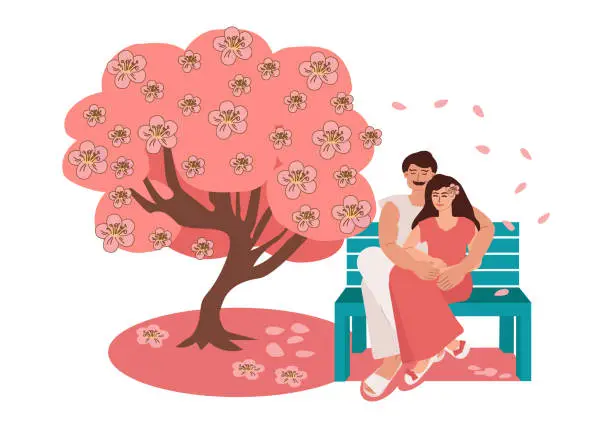 Vector illustration of young couple in love on a bench near sakura