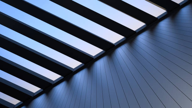 building wall with sky view and open roof, modern architecture with metal elements, building with transparent ceiling. modern house, office, banner.3d render - construir imagens e fotografias de stock