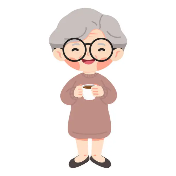 Vector illustration of Old woman hold a cup of hot coffee