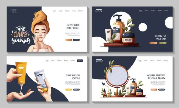 Vector illustration of Set of web pages with woman, hands with creams, serum.
