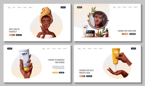 Vector illustration of Set of web pages with dark skin woman, hands with creams, serum.