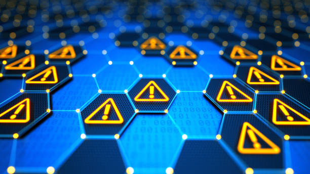 futuristic digital technological background with hexagonal elements, yellow glowing warning signs and binary code. encryption your data. big data security. safe your data. cyber internet security and privacy concept. - dataintrång bildbanksfoton och bilder