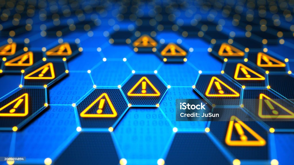 Futuristic digital technological background with hexagonal elements, yellow glowing warning signs and binary code. Encryption your data. Big data security. Safe your data. Cyber internet security and privacy concept. - Royalty-free Dikkat İşareti Stok görsel Futuristic digital technological background with hexagonal elements, yellow glowing warning signs and binary code. Encryption your data. Big data security. Safe your data. Cyber internet security and privacy concept. - Royalty-free Dikkat İşareti Stok görsel