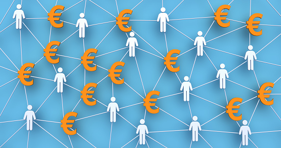 People and Euro money signs. Business chains concept. People network connections. Communications and relationship.