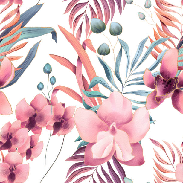 istock Tropical seamless pattern of watercolor palm leaves and orchid flowers 2005015229