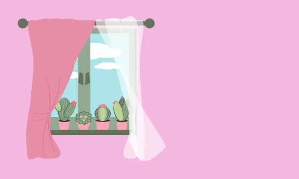 Vector illustration of Window with curtains and flowering succulents in pots on the windowsill. Home comfort, interior vector color illustration, background with place for text