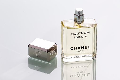 Minsk, Belarus - December 2, 2023:  Chanel Egoiste Platinum Toilette Water Perfume for Men Glass Bottle Isolated Over White Background