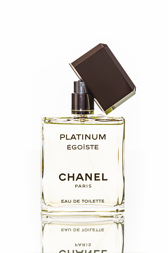 Minsk, Belarus - December 2, 2023:  Chanel Egoiste Platinum Toilette Water Perfume for Men Glass Bottle Isolated Over White Background