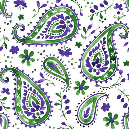 watercolor seamless pattern with oriental paisley ornament