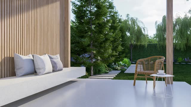 Animation of modern contemporary style wooden pavilion with garden view 3d render