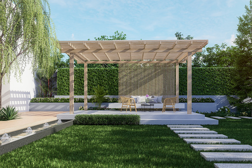 Modern contemporary style green garden with wooden pavilion 3d render, there are empty green lawn decorated with black tiled pond with fountain.