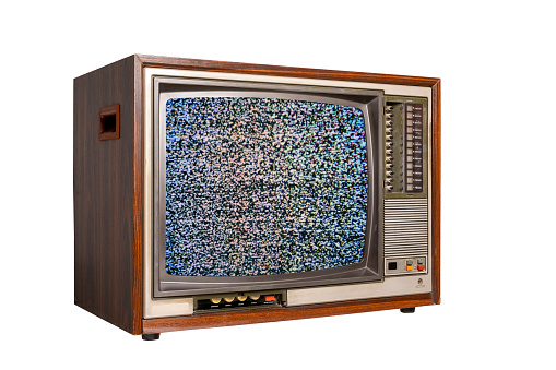 Old tv, retro television cut screen with static noise isolated on white background with clipping path, side view