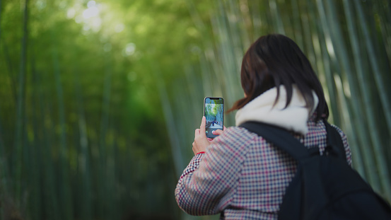A female tourist is using her mobile smart phone in Arashiyama bamboo forest in Kyoto.