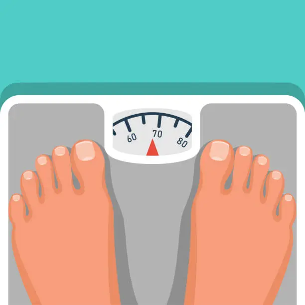 Vector illustration of Man standing on weight scale. Man legs on scales. Human is weighed.