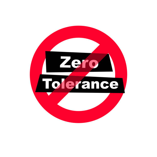 Zero Tolerance Sign. Refusal to accept antisocial behavior. Vector sign. Zero Tolerance Sign. Refusal to accept antisocial behavior. The policy of not allowing any violations of a rule or law. Vector illustration flat design. Isolated on white background. zero errors stock illustrations