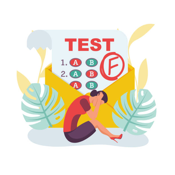 Bad grade student. Failed test. Bad rating. Negative result. Vector. Bad grade student. Failed test. Bad rating. Negative result. Sad girl sits with refusal in envelope. Disgruntled caucasian student, disappointed with test with grade F. Vector illustration flat design. report card stock illustrations