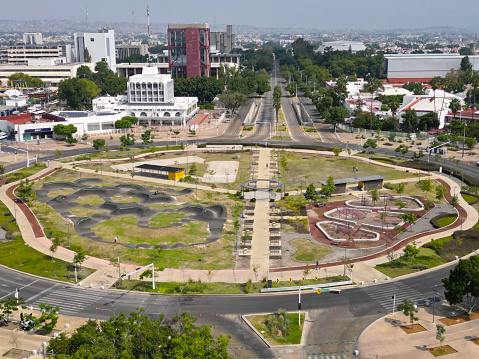 Street-Level Insights: Horizontal Drone View of La Normal Roundabout in Downtown Guadalajara Mexico