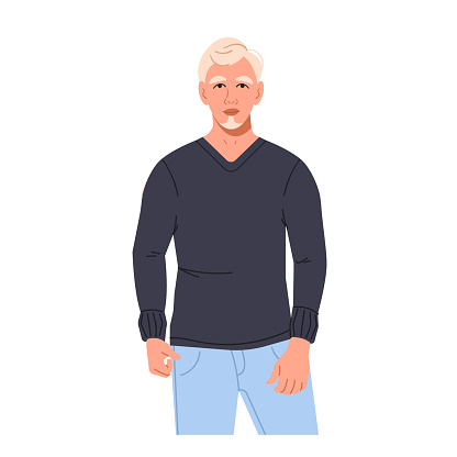 A young blond man stands in a relaxed pose. A male character with a beard in casual clothes. Posing. Vector graphic illustration isolated on a white background