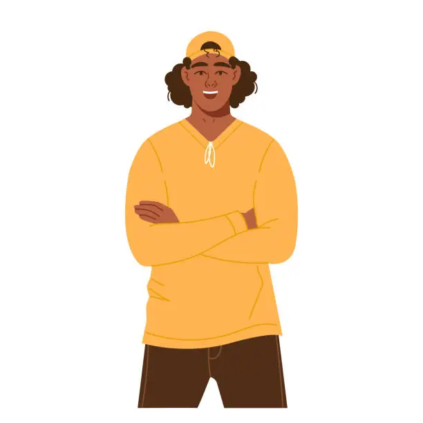 Vector illustration of A young smiling African American man with crossed arms in a fashionable flat style