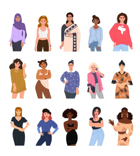 Vector illustration of Vector set of female characters in different poses. A group of multinational women