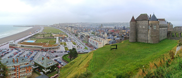 panoramic view of Dieppe and its castle, built on the side of the Caude-Côte cliff to ensure the defense of the city by monitoring the Channel coast, dominating the Norman city
