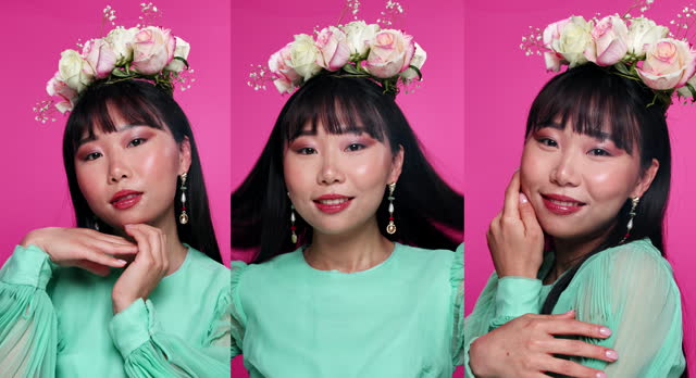 Face, beauty and flowers with asian woman collage in studio on pink background for natural wellness. Portrait, skincare and floral bouquet with series of happy young person at salon for aesthetic