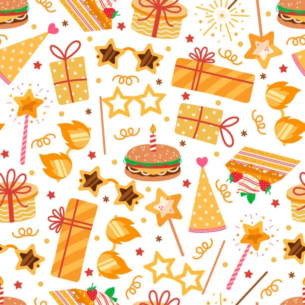Vector illustration of Birthday party seamless vector pattern. Cool golden toys for celebration - sparkler, star shaped glasses, magic wand, gifts, burger, cake. Surprise for children, kids. Cartoon background for print