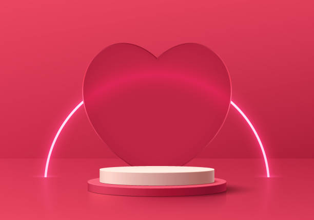 istock Realistic 3D pink cylinder podium background with curve neon lighting line on heart backdrop. Vector abstract geometric forms. Minimal scene mockup product stage showcase, Valentine promotion display 2005091473
