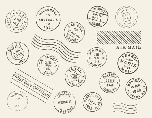 City vintage postage and postal ink stamps Postage and postal stamps. Canada, USA and European countries post town ink stamp. Toronto, Orlando and Montreal, Paris, Milan and Berlin postal envelope vector retro postal mark, stamp or imprint post office stock illustrations