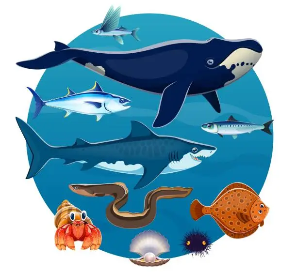 Vector illustration of Cartoon sea animals, fishes of underwater world