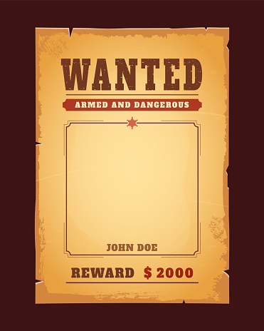 Western wanted banner with reward. Dead or alive vintage banner template features weathered paper, bold heading, vintage font, blank space for culprit name and crime details. Authentic frontier design