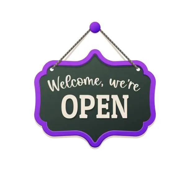 Vector illustration of Open board sign, shop notice, welcoming display