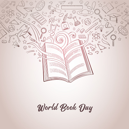 World book day illustration. Book doodle vector illustration World Book Day. Open book elements, education symbols