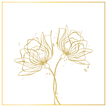 Hand Drawn Gold Foil Poppy Flower Background. Elegant design element for greeting cards (birthday, valentine's day), wedding and engagement invitation card template.