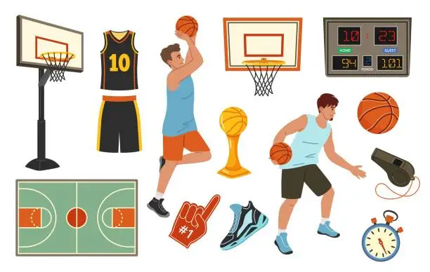 Vector illustration of Cartoon basketball. Player jersey, basketball hoop and ball, dribbling and shooting, fan foam finger, sports trophy and scoreboard vector illustration set