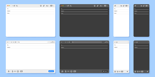 Email interface. Mail client new message window user interface, desktop and mobile layout vector UI template illustration set. Dark and light mode pages for laptop and smartphone screens