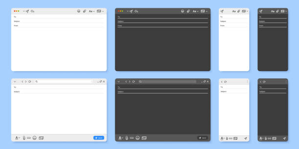 Email interface. Mail client new message window user interface, desktop and mobile layout vector UI template illustration set Email interface. Mail client new message window user interface, desktop and mobile layout vector UI template illustration set. Dark and light mode pages for laptop and smartphone screens laptop email mockup stock illustrations