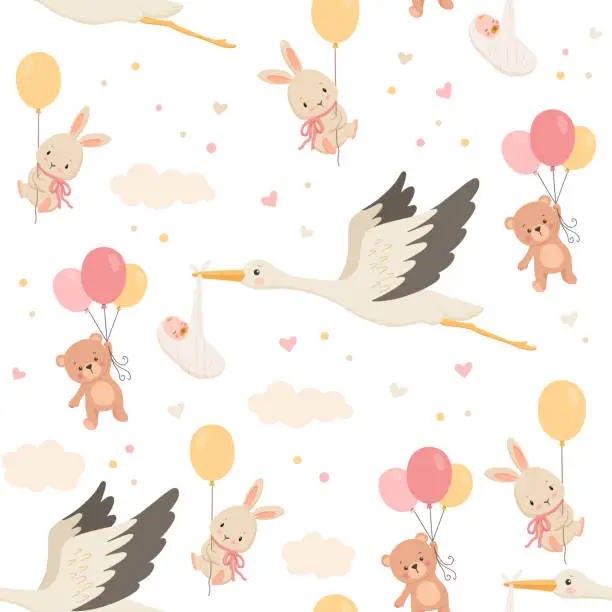 Vector illustration of Cute stork flies and carries newborn baby in clouds. Cute bunny and bear flying with balloon. Vector cartoon seamless pattern on white for fabric, nursery wallpaper