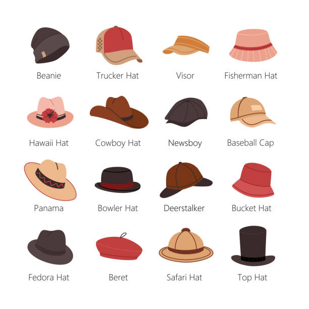 illustrazioni stock, clip art, cartoni animati e icone di tendenza di cappelli da uomo o copricapi vector set colorato - cappello