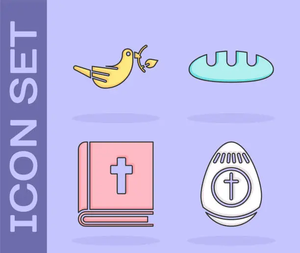 Vector illustration of Set Easter egg, Peace dove with olive branch, Holy bible book and Bread loaf icon. Vector