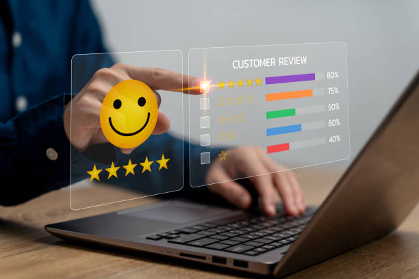istock Customer satisfaction survey service experience rating, Online application satisfaction review, Businesswomen give 5 stars and happy smiley icon, Top service score satisfaction, Excellent Feedback 2005117298