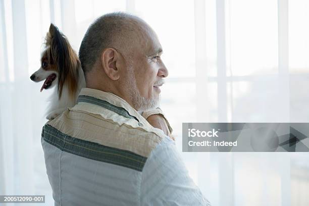 Senior Uomo In Piedi Accanto A Finestra Portare Cane Vista Posteriore - Fotografie stock e altre immagini di Cane