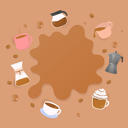 Coffee background. Coffee splash with hot drinks, coffee beans, and coffee maker on a brown background.