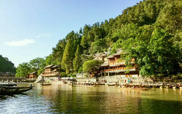 Ancient Houses On The Banks Of Tuojiang River In Fenghuang Ancient Town, China. Fenghuang Ancient Town Is One Of The Most Famous Old Towns In China.