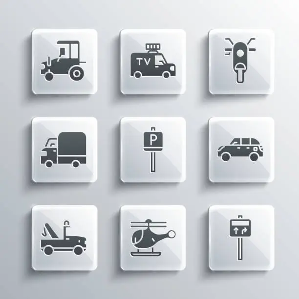 Vector illustration of Set Helicopter, Road traffic signpost, Hatchback car, Parking, Tow truck, Delivery cargo, Tractor and Scooter icon. Vector