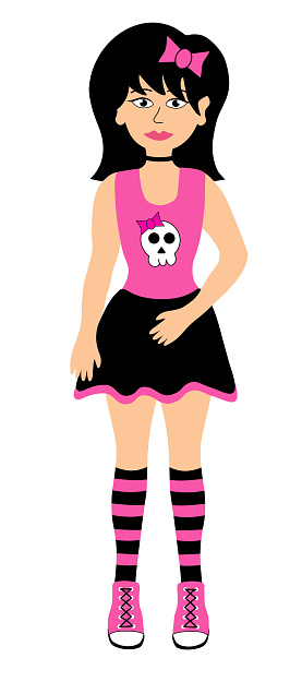 Cartoon teenage girl emo. Young woman with black hair wearing mini skirt, t-shirt with skull. Y2k 2000s style. Black and pink. Vector Flat illustration.